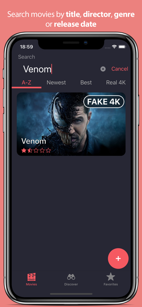 iPhone screen displaying the Real or Fake 4K app with a search result for Venom marked as Fake 4K