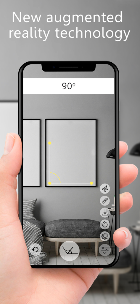 Ruler AR - Tape Measure Camera - A person using the Ruler AR app on an iPhone to measure a 90 degree angle on a picture frame hanging on a wall.