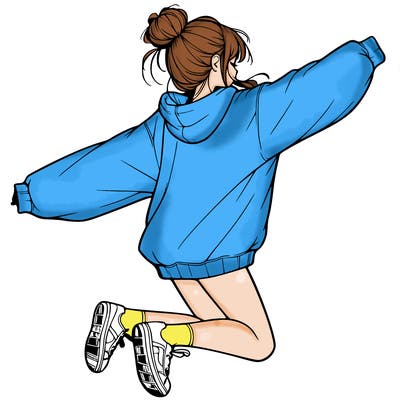 realistic girl jumping with a bun and oversized sweatshirt