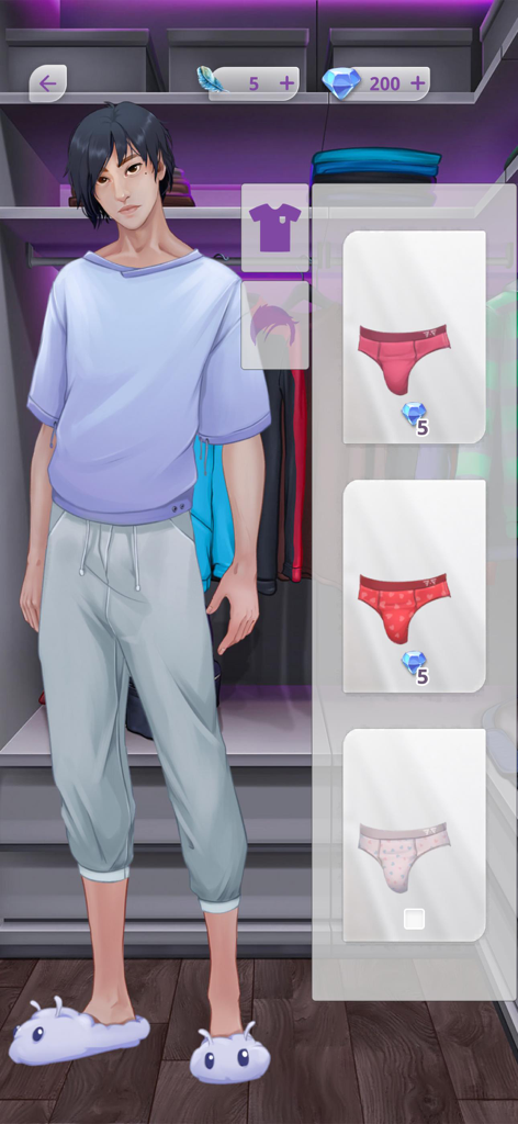 Episode My First Kiss BL Story - Pantalla de personalización de personajes en una historia interactiva BL que muestra a un chico de anime en pijama y opciones de ropa