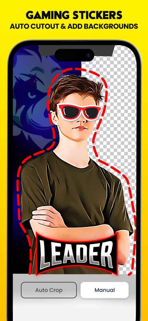 Interfaz de aplicación de creador de logos de gaming que muestra recorte automático para pegatinas personalizadas