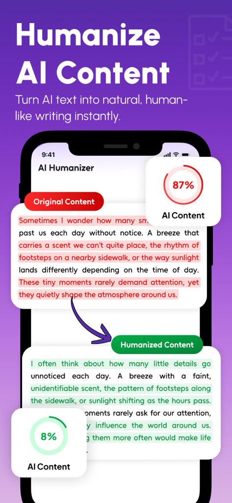 Plagiarism Checker-Humanize AI - Plagiarism Checker app screen showing the AI Humanizer feature reducing AI content score from 87 to 8 percent