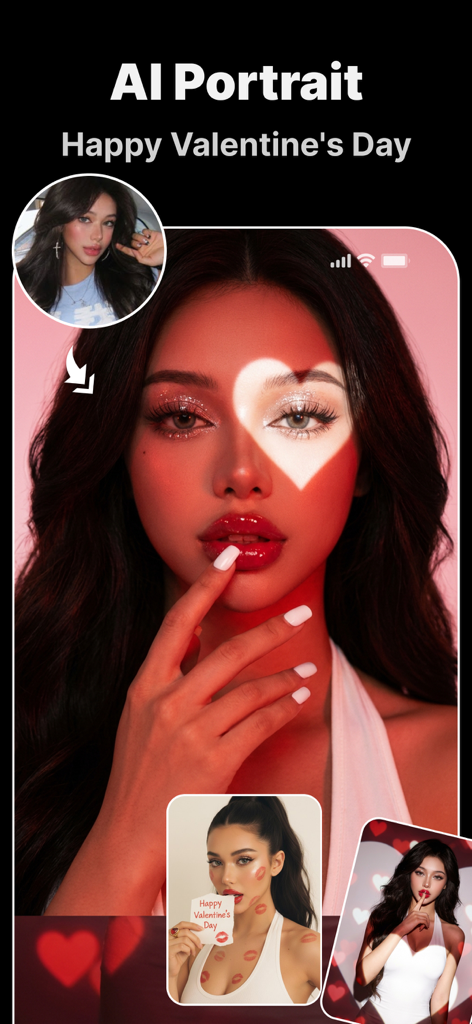Snapana: AI Video Generator - Snapana app AI Portrait feature showing Valentine's Day themed photo and video generation