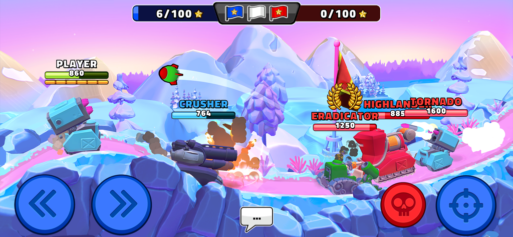 Hills of Steel 2 - Real-time 3v3 tank battle gameplay in Hills of Steel 2 showing tanks fighting on snowy hills.