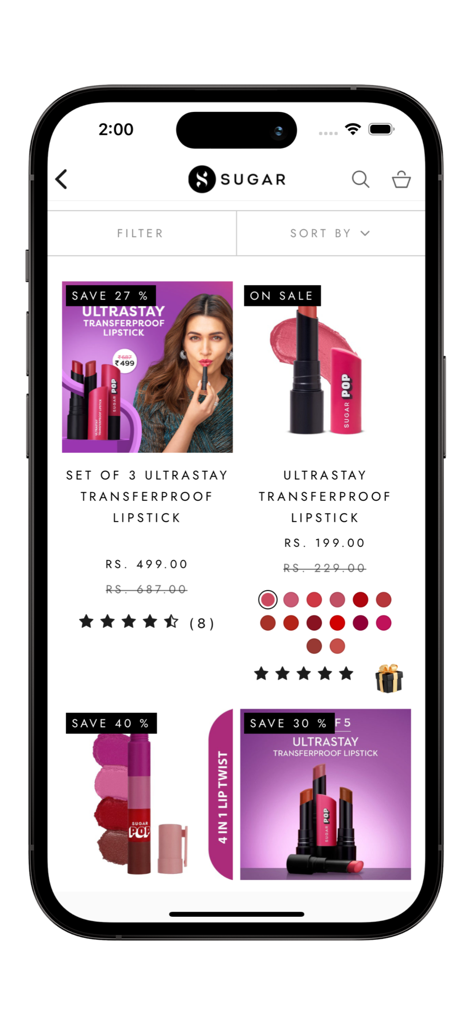 SUGAR Cosmetics - SUGAR Cosmetics mobile app interface showing a collection of Ultrastay Transferproof Lipsticks with discount badges and star ratings