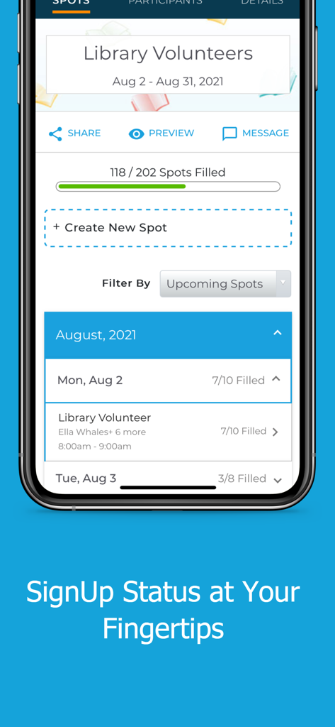 Mobile dashboard for organizing library volunteer shifts and tracking spots filled