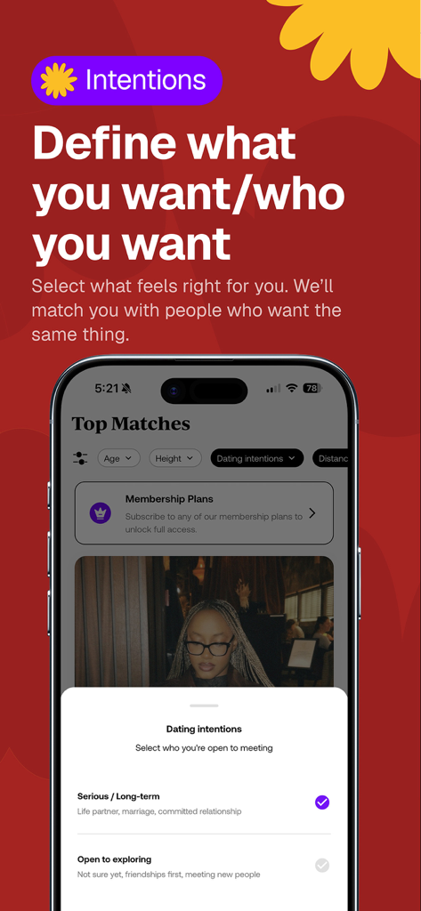 Interface do aplicativo Tova dating mostrando o recurso de intenções de namoro onde os usuários podem selecionar relacionamentos sérios de longo prazo