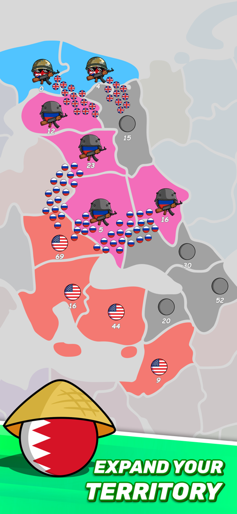 Gameplay screenshot of Country Balls World Battle showing national flag balls capturing territories on a world map