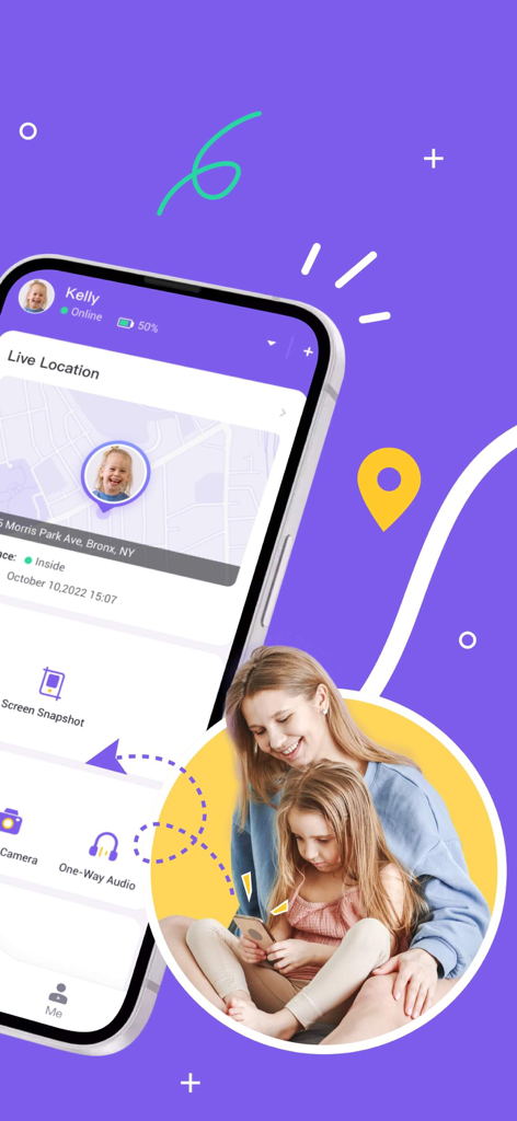 FlashGet Kids：parental control - FlashGet Kidsアプリインターフェース、子供の安全のためのライブロケーション追跡を表示