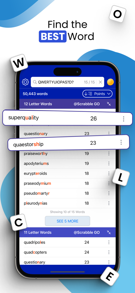 Interface of the Word Unscrambler Solver app showing a list of high-scoring words for Scrabble GO