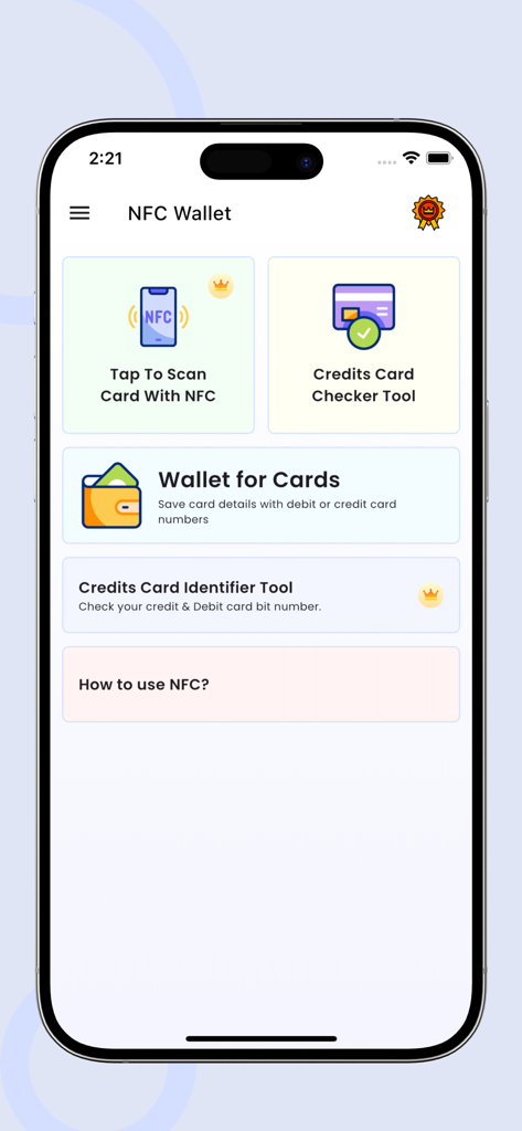 NFC Reader - Bank Card Wallet - Panel principal de la aplicación Lector NFC que muestra las funciones de escaneo de tarjetas y billetera digital