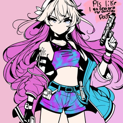 bad girl wearing crop top holding a gun long hair anime