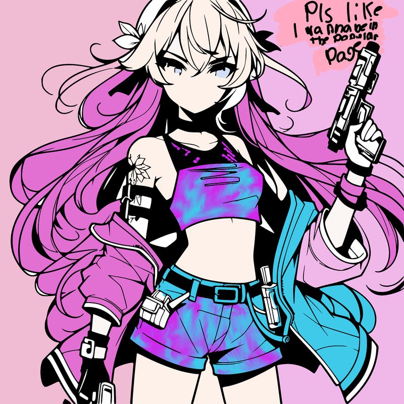 bad girl wearing crop top holding a gun long hair anime