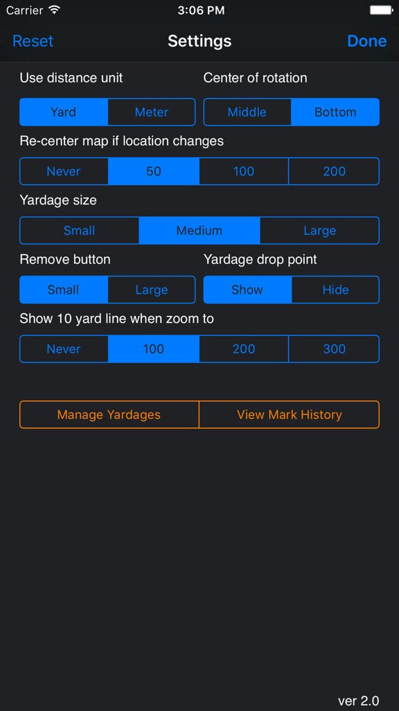 Golf GPS - 距離単位とマップカスタマイズオプションが表示されたゴルフGPSアプリの設定画面