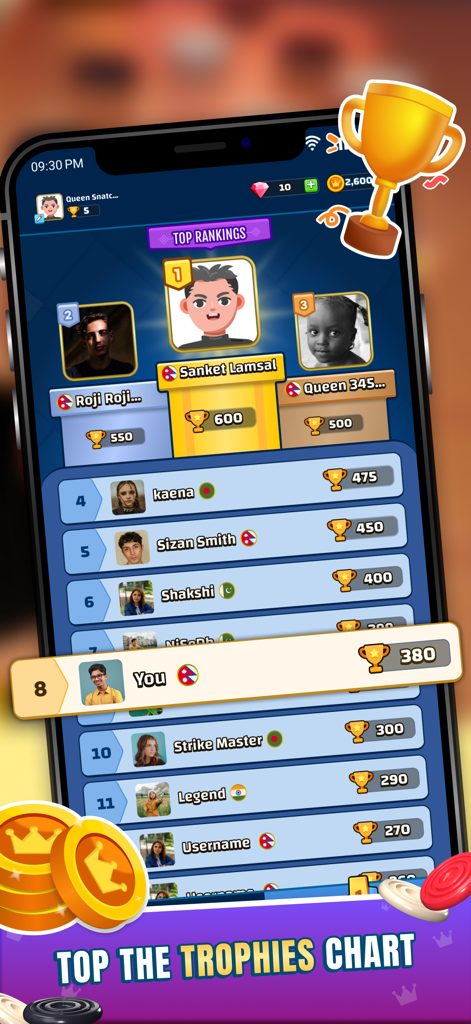 Carrom Board by Bhoos - Pantalla de tabla de clasificación en Carrom Board by Bhoos que muestra las clasificaciones de los mejores jugadores y el gráfico de trofeos globales.