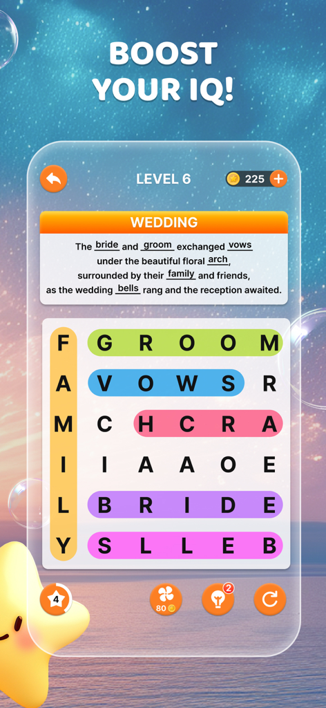 Word Search!-Word Puzzle Game - Gameplay screen of a word search mobile game with a wedding theme and IQ boost message.