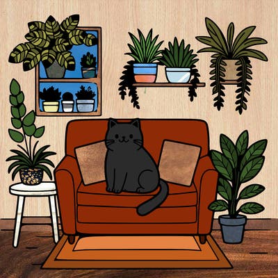 cat on a sofa in a room full of plants