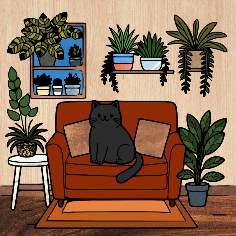 cat on a sofa in a room full of plants