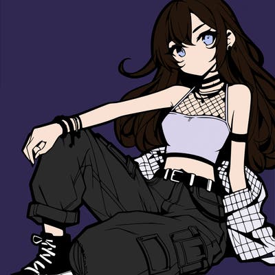 anime girl with a crop top and ripped jeans