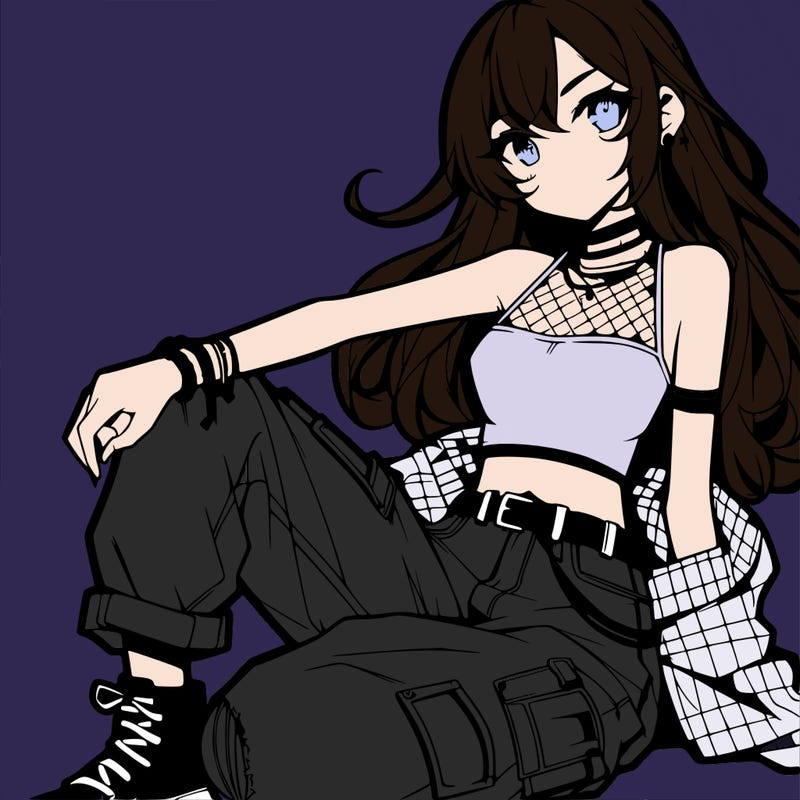 anime girl with a crop top and ripped jeans