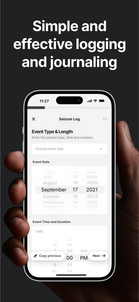 Pantalla de smartphone que muestra la interfaz del registro de convulsiones de la aplicación Epipal para registrar los detalles del evento.