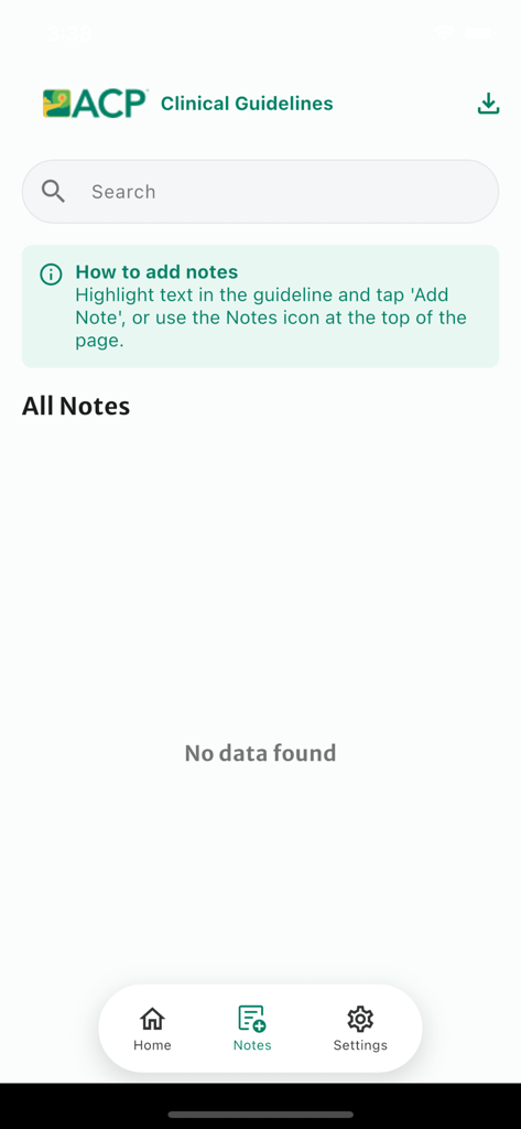 ACP Clinical Guidelines - The notes section of the ACP Clinical Guidelines app showing a search bar and instructions on how to add notes