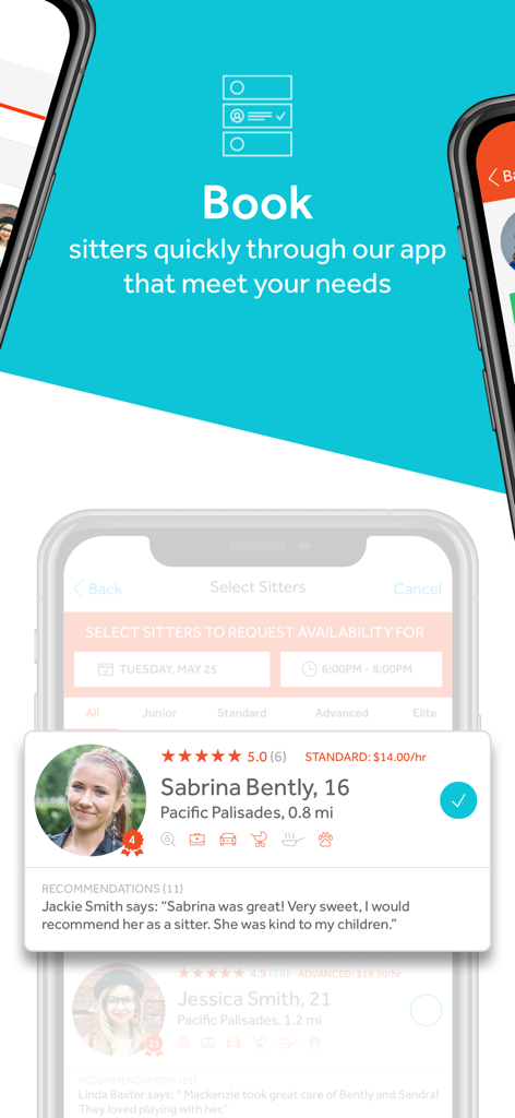 Interface de l'application Bambino pour la réservation de babysitters locaux avec évaluations et recommandations de voisins