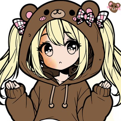 cute anime girl with ponytails and a cute bear hoodie