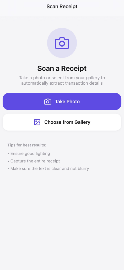 Steps Budget Tracker - Steps Budget Tracker mobile app screen showing AI receipt scanning options and capture tips