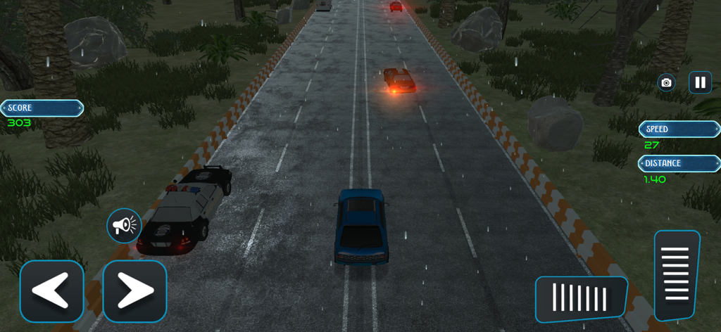 A blue car racing on a rainy highway with traffic and a police car on the shoulder in Fast Car Traffic Racing.