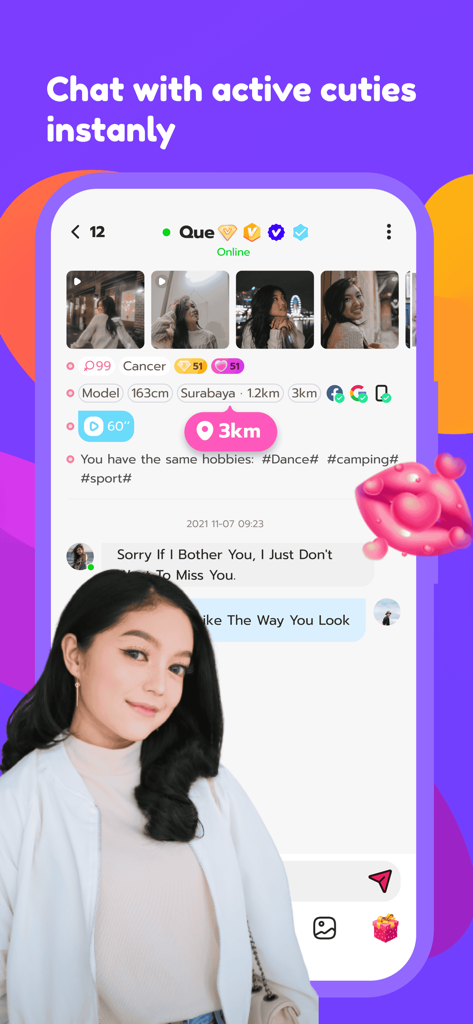 Voya - make friends for real - Chat interface and user profile on the Voya social networking app.