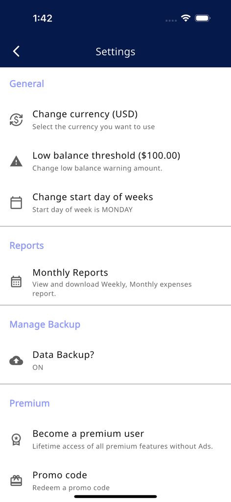 Simple Budget: Expense Manager - Pantalla de configuración de la aplicación Simple Budget que muestra opciones para moneda, alertas de saldo bajo y copia de seguridad de datos.