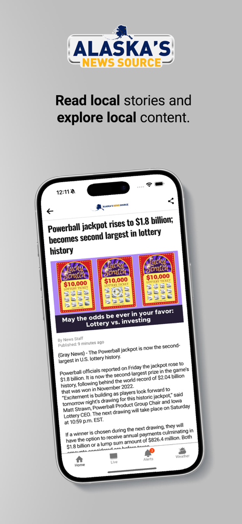 Alaska News Source mobile app interface displaying a news article on a smartphone.