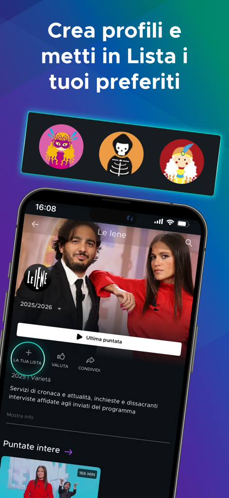 Mediaset Infinity app interface displaying user profile creation and a watch list feature.