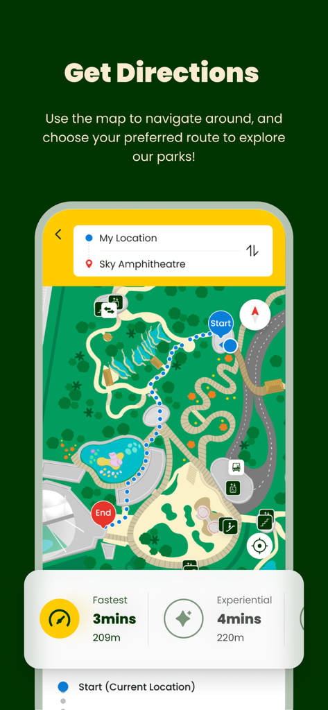 Interactive navigation map in Mandai Wildlife Reserve app showing walking directions to Sky Amphitheatre