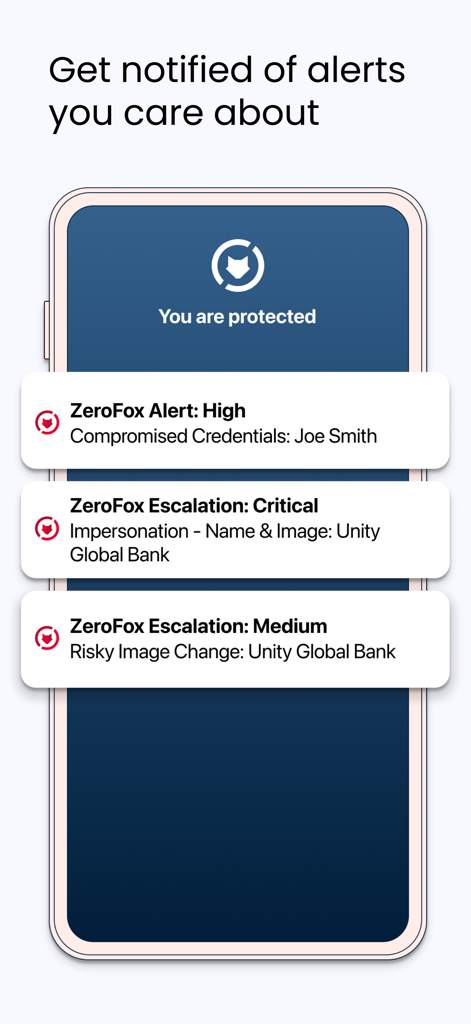 ZeroFox mobile app displaying real-time security alerts for compromised credentials and brand impersonation.