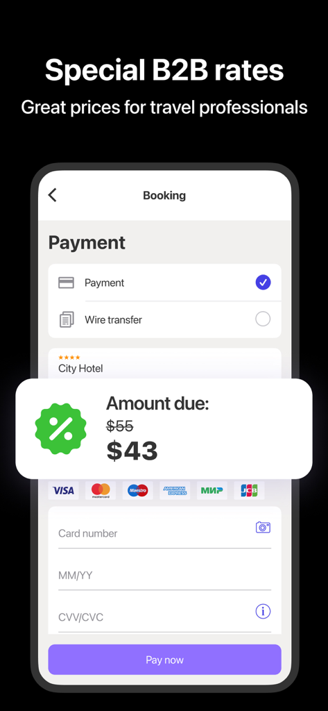 B2B.Ostrovok for Professionals - Tela de reserva do aplicativo B2B Ostrovok mostrando tarifas especiais para profissionais de viagens e opções de pagamento com cartão de crédito