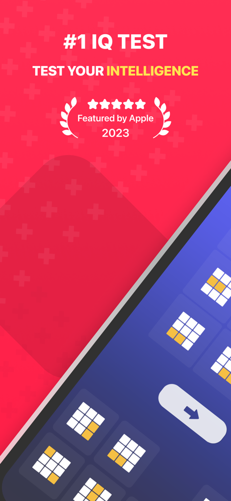 IQ Test: Fun Intelligence Quiz - IQ Test app screen with Apple feature badge and puzzle preview