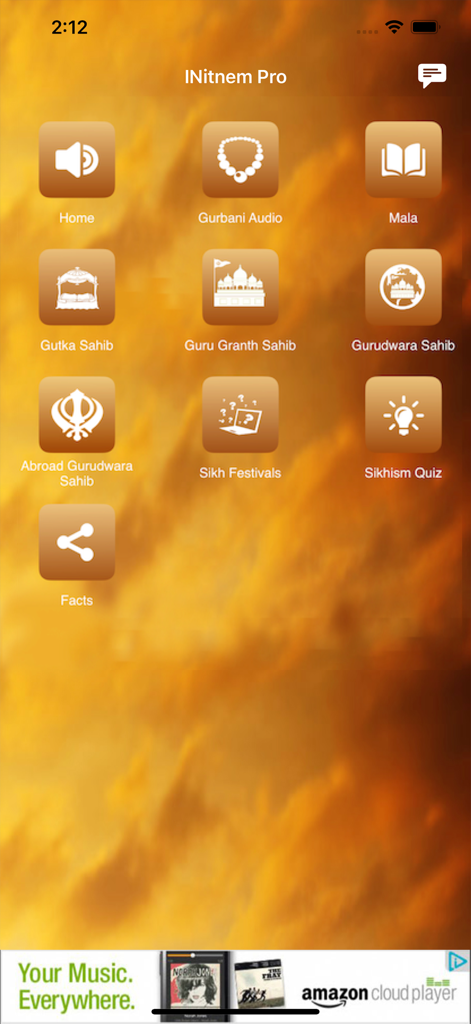 iNitnem Pro - Main menu of the iNitnem Pro app displaying icons for Gurbani Audio, Gutka Sahib, and Sikhism Quiz on a golden sky background.