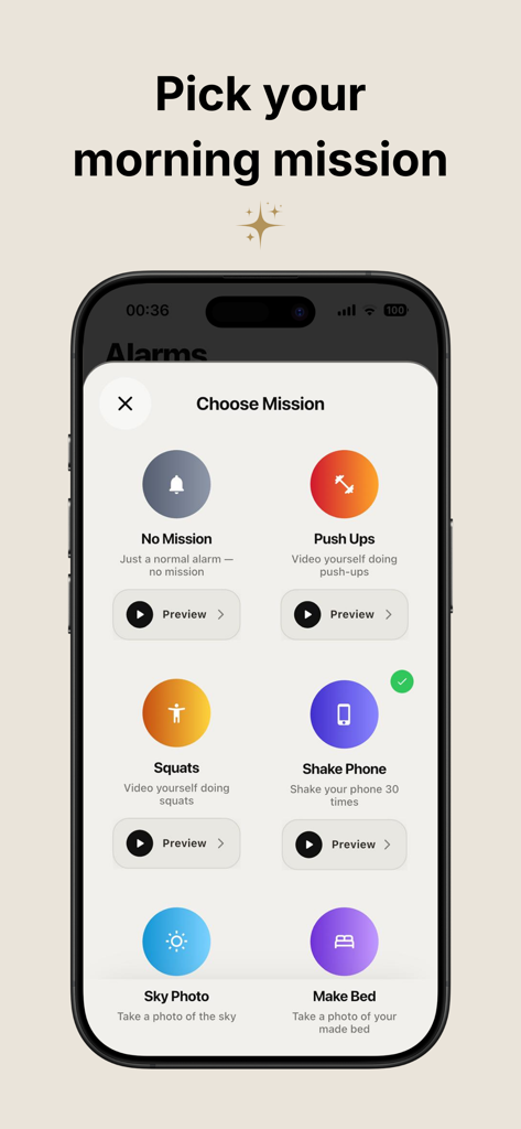 A smartphone interface showing different morning missions such as push ups squats and making the bed to deactivate the Wakz alarm clock.