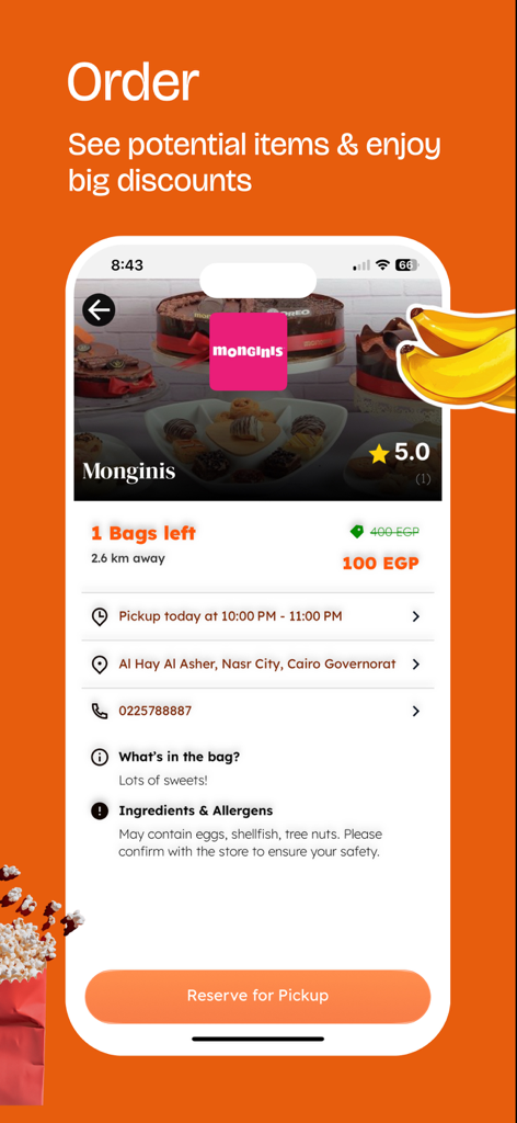 Pantalla de la aplicación Bolsa Misteriosa mostrando dulces con descuento de una panadería con información de recogida