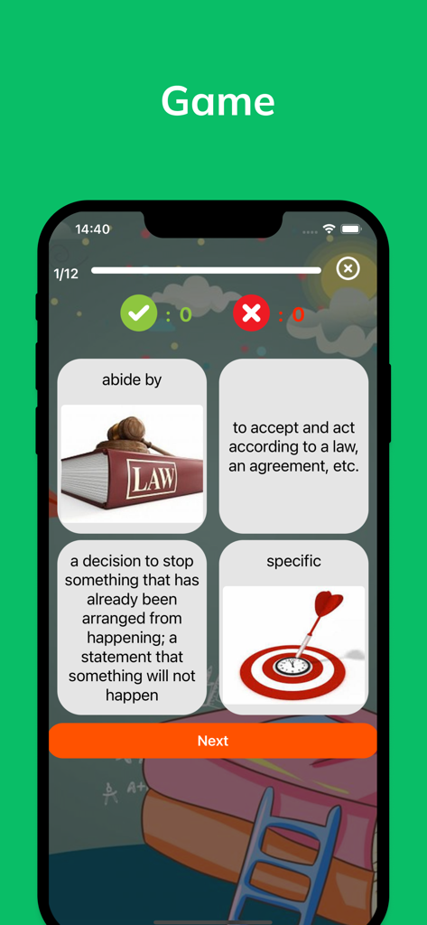 3000 Core English Vocabulary - A vocabulary matching game screen featuring word cards with definitions and related images.