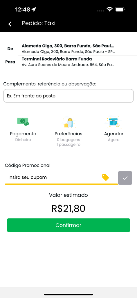 Táxi Belô - Resumen del pedido de viaje de Taxi Belo mostrando la ubicación de recogida, el destino y el precio total en Reales Brasileños