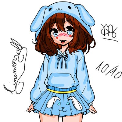 pretty anime girl wearing a fluffy hoodie with bunny ears on the hood and a skirt