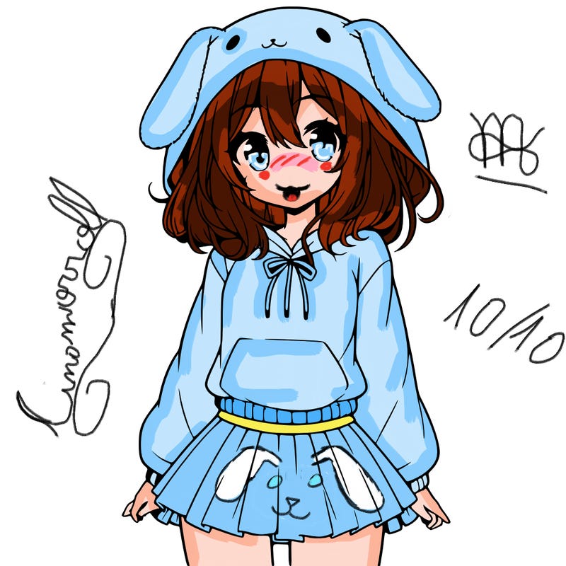 pretty anime girl wearing a fluffy hoodie with bunny ears on the hood and a skirt