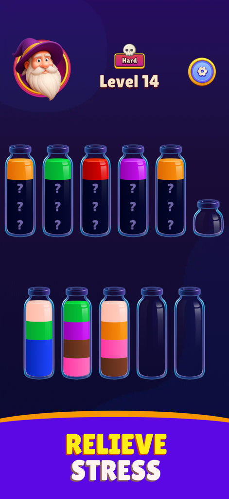 Magic Sort: Water Sort Puzzle - Magic Sort Wasserrätsel Level 14 mit Wizard George und bunten Zaubertrankflaschen mit dem Text Relieve Stress.