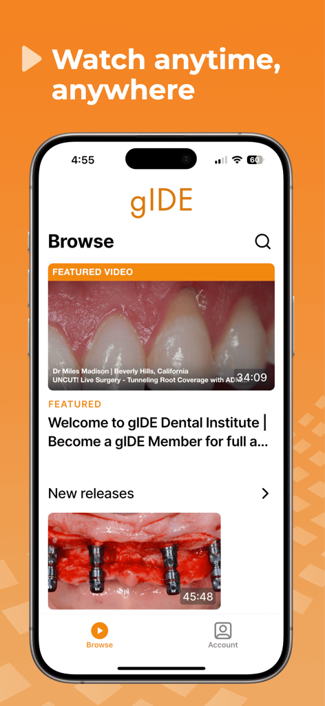 gIDE Dental Institute - Iphone showing the gIDE Dental Institute app browse screen with dental surgery training videos