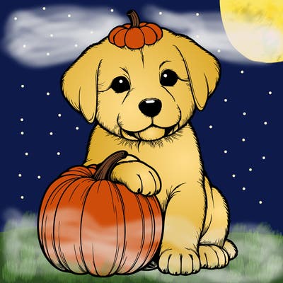a realistic puppywith a pumpkin on his head