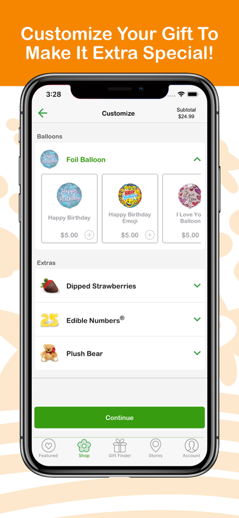 Edible - Edible app interface for customizing gifts with balloons and strawberries