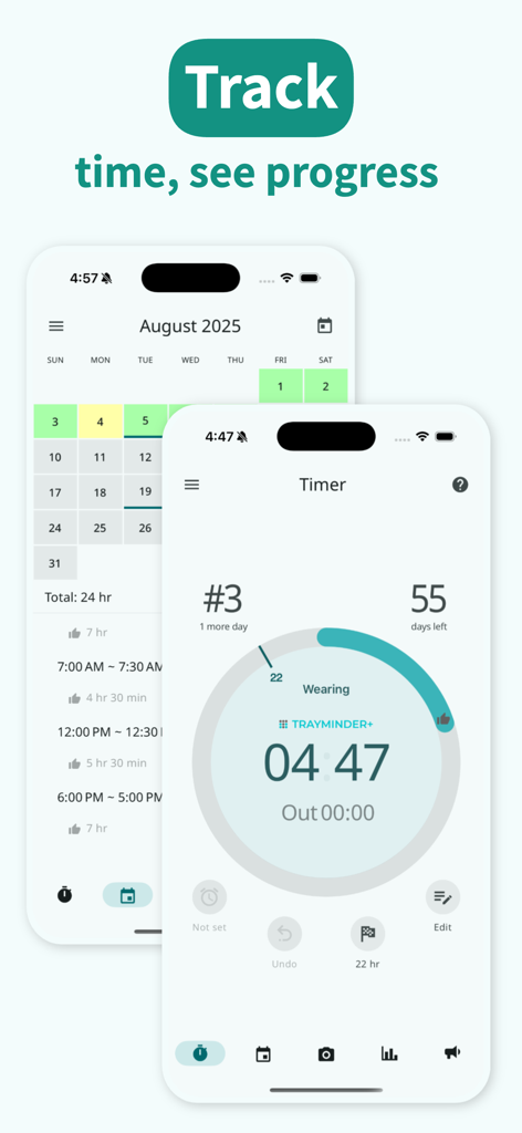 TrayMinder - TrayMinder app screens displaying a circular timer for tracking aligner wear time and a color-coded treatment progress calendar